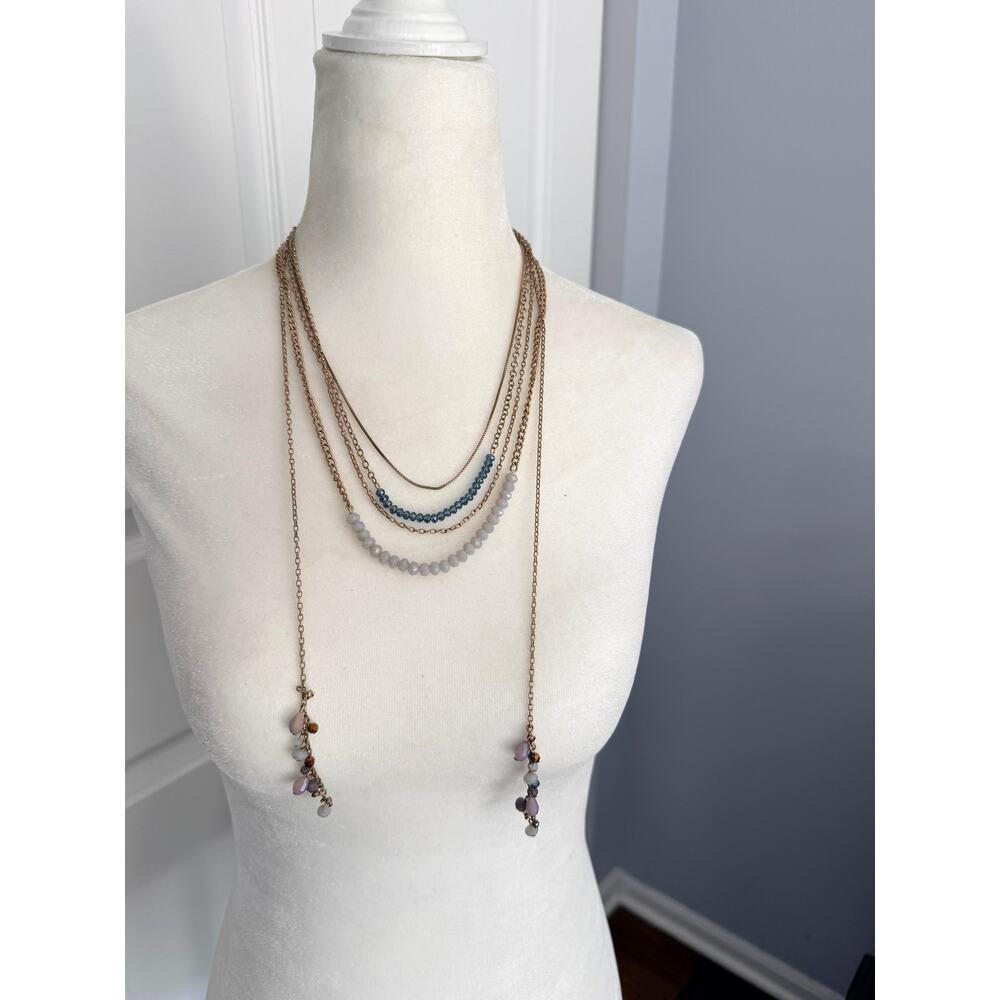 LOFT Multi Strand Layered Beaded Necklace Blue Gray Gold Tone